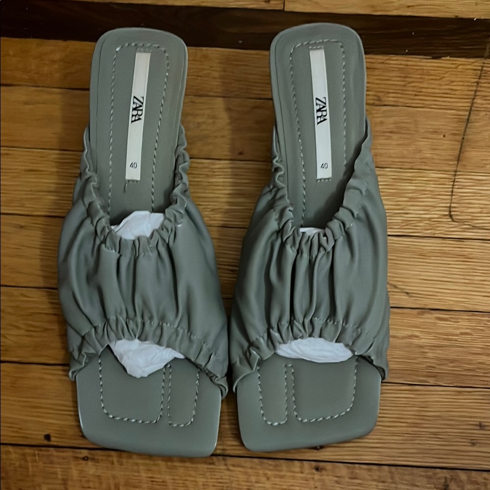 ZARA Sage Green Ruched Square-Toe Slide Sandals